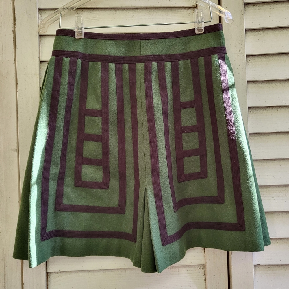 Anthropologie Maeve wool blend green and black geometric pleated skirt